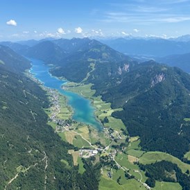Wanderhotel: In 1.000 m Seehöhe - mit dem Gleitschirm  -
Blick auf den Weissensee  - Sattleggers Alpenhof & Feriensternwarte